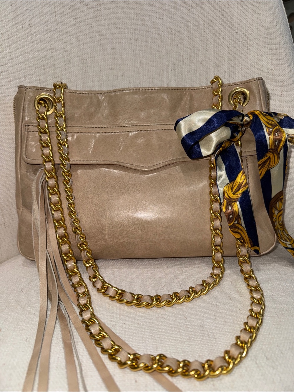Rebecca Minkoff Taupe Leather Shoulder Bag with Gold Chain & Scarf